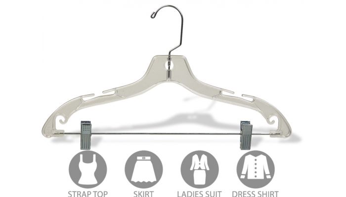 Clear Plastic Heavy-Duty Combo Clothes Hanger With Chrome Hardware - 17  For Sale