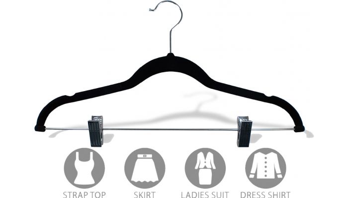 17 Black Flocked Plastic Combo Hanger W/ Clips & Notches
